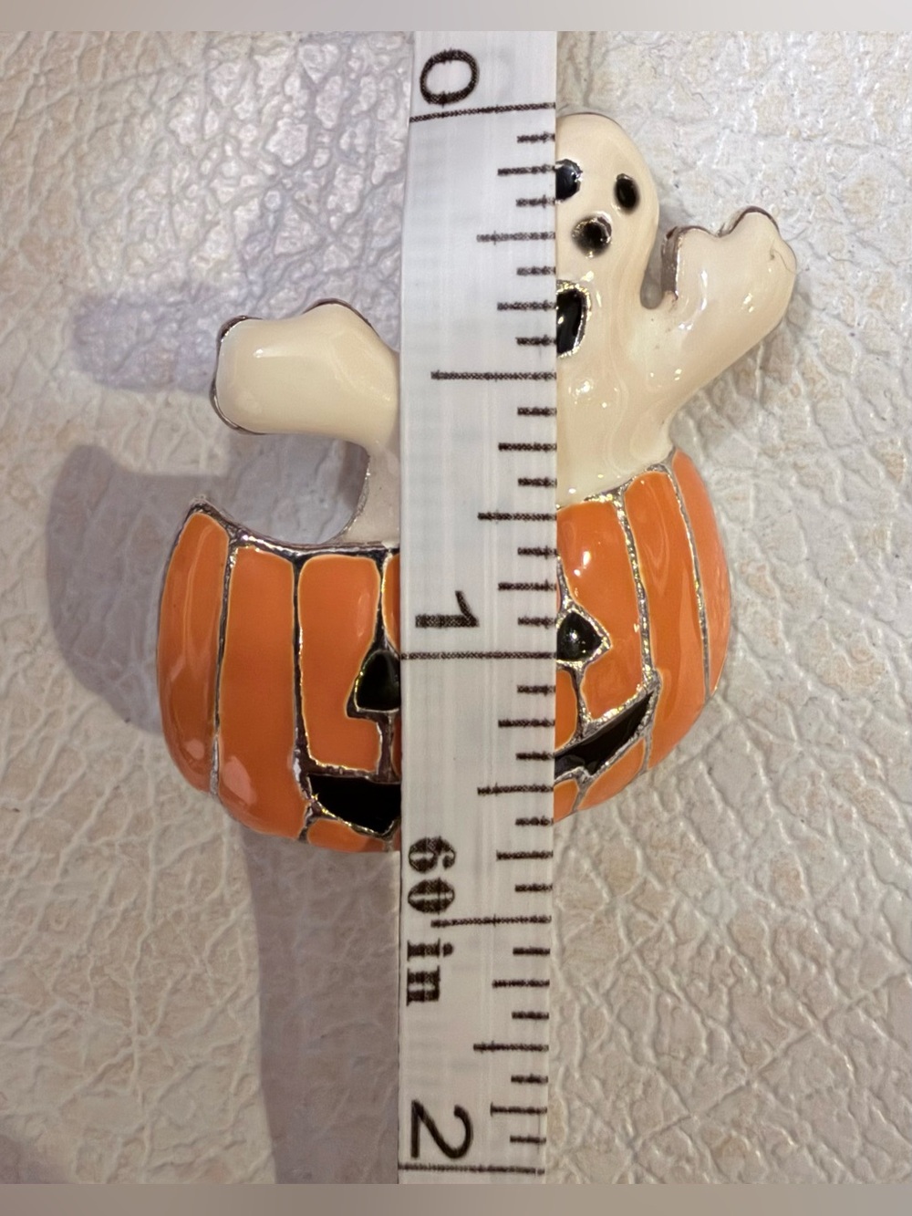 Halloween Ghost in Pumpkin enamel brooch - White and Orange - Picture 7 of 8